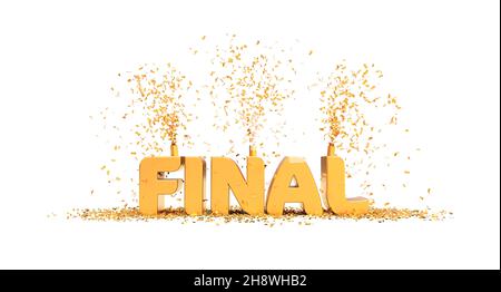 Testo finale con confetti su sfondo bianco - rendering 3D Foto Stock