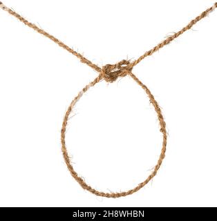 corda in fibra di cocco con nodo e anello, filo impermeabile ecologico realizzato a mano isolato su sfondo bianco Foto Stock