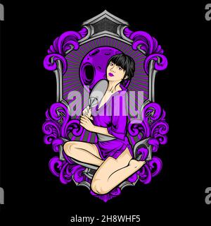ragazza giapponese indossare kimono illustrazione con sfondo impressionante Illustrazione Vettoriale