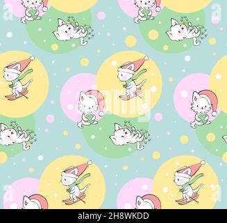 Ornamento senza cuciture con simpatici gattini in stile kawaii. Modello vettoriale. Buon Natale gatti. Illustrazione Vettoriale