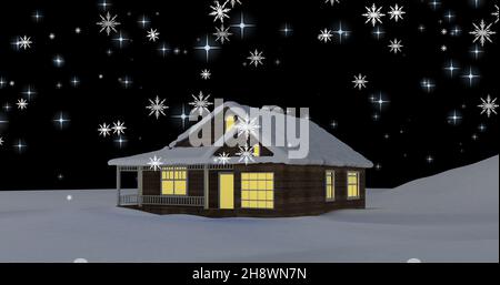 Composizione di fiocchi di neve e coperto di neve casa illuminata contro il cielo notturno, spazio copia Foto Stock