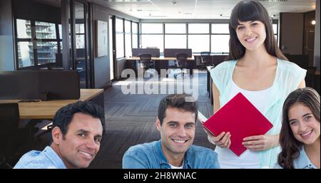 Immagine digitale composita di uomini d'affari e donne d'affari sorridenti in uffici moderni Foto Stock