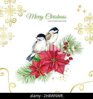 Modello di biglietto di Natale con uccelli. Illustrazione di acquerello dipinta a mano con due finches, fiori d'annata e ornamenti dorati della lamina. Vacanze invernali Foto Stock