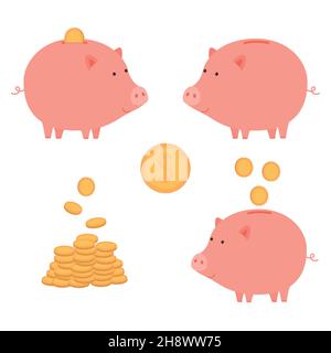 Piggy banca con soldi e vuoto, dollaro e pila di monete Illustrazione Vettoriale