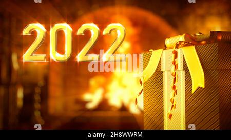 Presenta su sfondo a griglia brillante con testo 2022 per xmas - rendering 3D astratto Foto Stock