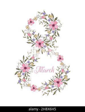 8 marzo Womens giorno cartolina, fiori, disegno a mano scarabocchiatura, numero 8 modellato da fiori, congratulazioni, elemento decor, isolato, sfondo bianco. Illustrazione vettoriale Illustrazione Vettoriale