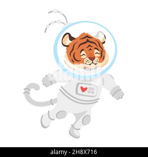 Vettore stile cartoon adorabile carino tigre astronauta. Illustrazione Vettoriale