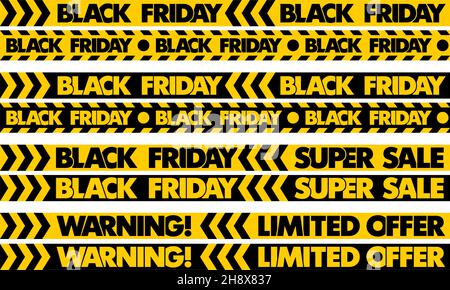 Warning Black Friday Super sale. Impostare le strisce di colore giallo e nero sul nastro. Sfondo del modello senza giunture vettoriale Illustrazione Vettoriale