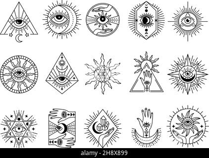 Simboli mistici. Occult emblemi meditazione esoterismo magico e icone alchimia pietre misteriose tarocchi carte e lune recenti vettore stilizzato immagini set Illustrazione Vettoriale