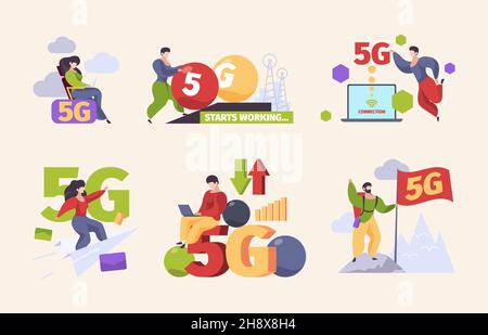 caratteri 5g. Internet veloce mobile tecnologie future rete ad alta velocità garish vettore concetto immagini set collezione Illustrazione Vettoriale