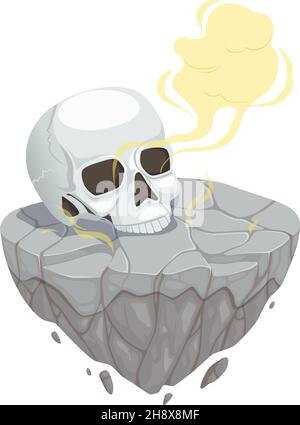 Cranio su pietre. Elemento di localizzazione isometrica del gioco, ossa umane su roccia e nube di fumo. Oggetto vettore horror isolato Illustrazione Vettoriale