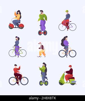 Trasporto urbano. Persone in moto in città veicoli all'aperto elettro scooter moto segway longboard garish vettore stilizzato caratteri piatti Illustrazione Vettoriale