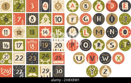 Alfabeto del partito. Lettere e numeri di Natale moduli stilizzati abc cifre alfabeto per calendari natalizi messaggi recenti vettoriali lettere collezione Illustrazione Vettoriale