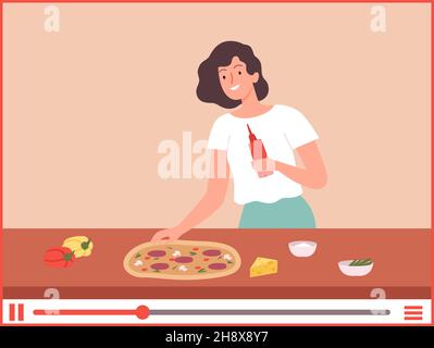 Ragazza cuoco la pizza. Blogger culinario, tutorial online per la preparazione degli alimenti. Felice donna chef, web cuoco scuola di illustrazione vettoriale Illustrazione Vettoriale