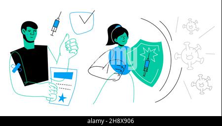 Vaccinazioni - illustrazione moderna di stile di disegno piatto con elementi di linea. Ragazza con scudo e uomo con certificato. Prenditi cura della tua salute in un Illustrazione Vettoriale