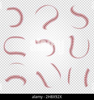 Pizzo in pelle. Baseball textures Seam softball red lines Recent Vector templates collection set Illustrazione Vettoriale