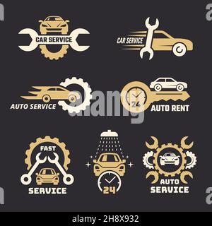 Logo dell'auto. Emblema stilizzato con sagome auto servizio auto riparazione veicoli recenti vettore business identità simboli collezione Illustrazione Vettoriale