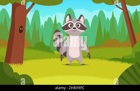 Raccoon nella foresta. Animali Cartoon camminare in legno felice carino mammiferi raccoon selvaggio esatto vettore sfondo illustrazione Illustrazione Vettoriale