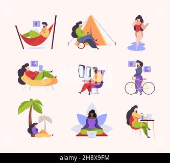 Semplici personaggi lifestyle. Famiglia costoso downshifting relax tempo libero lavoro Garish vettore flat illustrazioni metaphores collezione Illustrazione Vettoriale