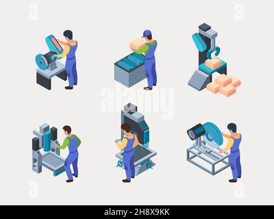 Operai di fabbrica. Macchine per tessuti utensili fresatura elettronica imballo confezionamento processi di produzione granate Set isometrico vettoriale Illustrazione Vettoriale