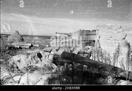 Okolice Warki, 1946-01-01. Wraki czo³gów WSI w okolicach Warki nad Pilic¹. po/ms PAP/Jerzy Baranowski Warka, 1 gennaio 1946. Relitti di carri armati e automobili in un villaggio vicino a Warka sul fiume Pilica. po/ms PAP/Jerzy Baranowski Foto Stock