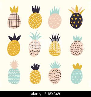 Ananas Doodle. Illustrazione astratta decorativa colorata di frutti esotici raccolta recente di ananas disegnati vettoriali Illustrazione Vettoriale