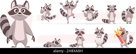 Raccoon animale. Wild mammal cute sorriso giocare e saltare in varie azioni pone foresta dweller vettore esatto cartoon divertente mascotte Illustrazione Vettoriale