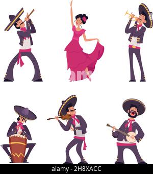Personaggi messicani. Tradizionale ispanico autentico messicano persona maschile e femminile nazionale vestiti sombreros charros esatto vettore cartoon persone Illustrazione Vettoriale