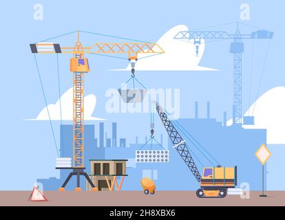 Gru per costruzioni. I costruttori che costruiscono grandi case costruiscono gru i lavoratori caricatrici macchine garish vettore cartoon sfondo Illustrazione Vettoriale