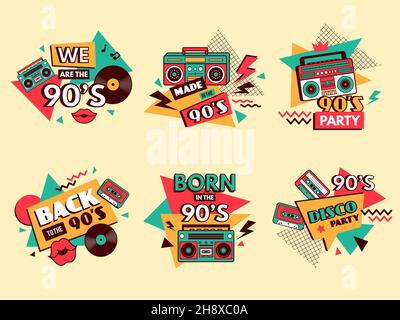 Etichette retro anni '90. Badge colorati vintage vecchio stile scuola elementi di moda musical boombox per la musica pop anni 80 astratto design geometrico forme recenti Illustrazione Vettoriale