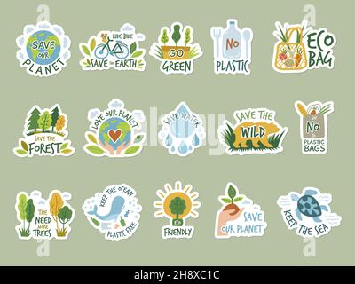 Adesivi ecologici. Salva verde terra pianeta ambiente pulito eco etichette recenti badge vettoriali illustrazioni colorate isolate Illustrazione Vettoriale