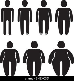 Sottile e grasso. Bastone stilizzato personaggi persone simboli sovrappeso silhouette tummy maschio grasso persona garish vettore illustrazioni isolate Illustrazione Vettoriale
