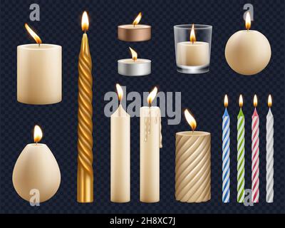 Candele realistiche. Chiesa cera candele collezione compleanno celebrazione fuoco elementi illuminazione effetti bagliore decent vettore modelli set isolato Illustrazione Vettoriale