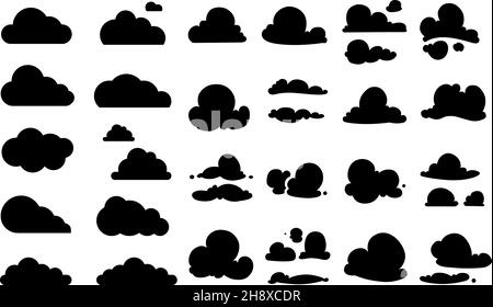 Nuvole nere. Collezione di icone cloud, elementi di cielo piatto isolati. Simboli di natura meteorologica, vettore nuvoloso impostato Illustrazione Vettoriale