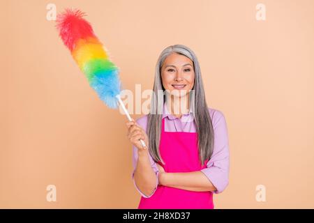 Foto di funky grigio hairdo vecchia signora pulire indossare viola camicia grembiule rosa isolato su sfondo di colore beige Foto Stock