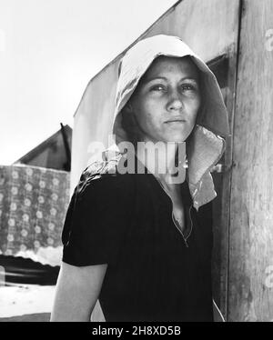 Madre migratrice giovane di due bambini piccoli, originalmente dal Texas, ora che lavora Pie di raccolta, Edison, contea di Kern, California, Stati Uniti, Dorothea Lange, Dipartimento di Agricoltura degli Stati Uniti, Bureau of Agricultural Economics, 1940 Foto Stock