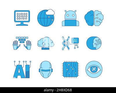 Icona intelligenza artificiale. Innovazione sistemi intelligenti ingegneria creativa scienza programmazione robotica connessione di rete testa robotica umana e android Illustrazione Vettoriale