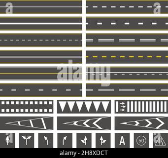 Marcature stradali. Linee stradali sulla stazione degli autobus asfalto segna segnali di velocità Garish vettore illustrazioni set Illustrazione Vettoriale