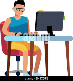 Uomo seduto alla scrivania. Ragazzo che lavora al computer. Icona ufficio remoto Illustrazione Vettoriale