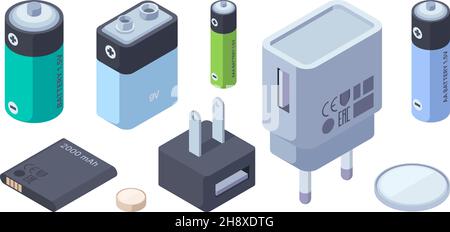 Caricabatterie isometrici. Caricabatterie portatili per batteria per collegamento a spina gadget digitali Garish Vector Chargers illustrazioni Illustrazione Vettoriale