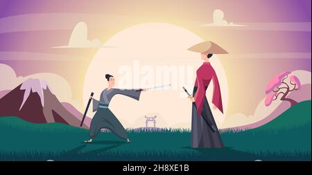 Sfondo Samurai. I guerrieri in azione propongono ai combattenti asiatici un'illustrazione vettoriale esatta in stile cartone animato Illustrazione Vettoriale