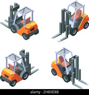 Caricatore isometrico. Veicoli di produzione carrelli con carrelli elevatori a forche Garish vettore caricamento auto illustrazioni Illustrazione Vettoriale