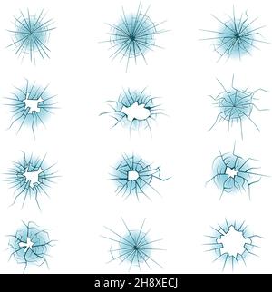 Vetro incrinato. Schiacciamento dei bordi della superficie crepe pericolose raccolta recente di modelli vettoriali Illustrazione Vettoriale