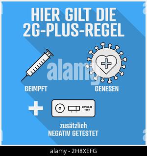 Segno con il testo HIER GILT DIE 2G PLUS REGEL, tedesco per 2G più si applica la regola, accesso solo per le persone vaccinate (GEIMPFT) o recuperate (GENESEN) con Illustrazione Vettoriale