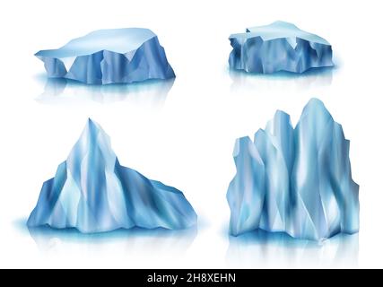 Ghiacciai realistici. Grande iceberg ghiaccio rocce freddo tempo all'aperto simboli del polo nord artico neve textures decente vettore 3d collezione set Illustrazione Vettoriale