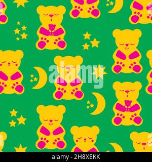 Carino sonnolento orsi kawaii, stelle luna vettore senza cuciture pattern sfondo. Sfondo di colore tropicale con orsacchiotto arancione rosa e forme celesti Illustrazione Vettoriale