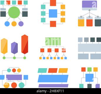 Elementi del diagramma di flusso. Modelli infografici processi aziendali diagrammi flusso di lavoro forme del grafico con posizione per il set vettoriale di testo garish Illustrazione Vettoriale