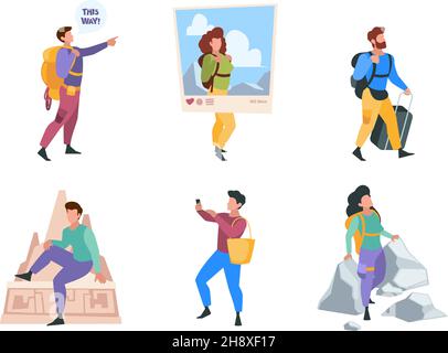 Viaggiatori. Coppie di famiglia persone felici personaggi andare in vacanza turisti all'aperto con zaini garish vettore illustrazioni colorate piatte Illustrazione Vettoriale