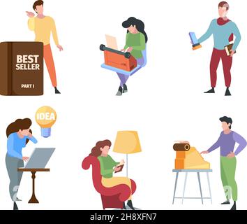 Scrittori personaggi. Bloggers carta giornalista business editing scrittori utilizzando e digitando computer comunicazione computer portatile garish vettore persone piatte Illustrazione Vettoriale