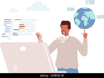 Comunicazione in tutto il mondo. Uomo lavoro, programmatore o sviluppatore personaggi. Ragazzo che chiacchiera sul concetto vettoriale di un gigantesco laptop Illustrazione Vettoriale
